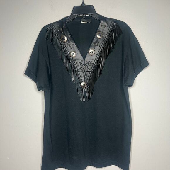 VTG Xperiance Womens Western Shirt Leather Fringe Conchos Studded Sleeve Sz L - Picture 1 of 13